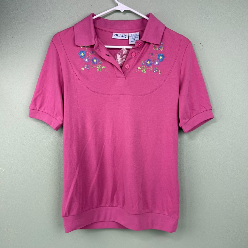 Blair Womens Vtg Pink Floral Embroidered Short Sleeve Polo Shirt Sz Small NWOT